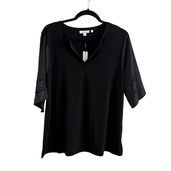 Chicos Women Sz 2 US L Black Notched Neckline Jersey Satin Tiered-Sleeve Tee NWT - Picture 4 of 13